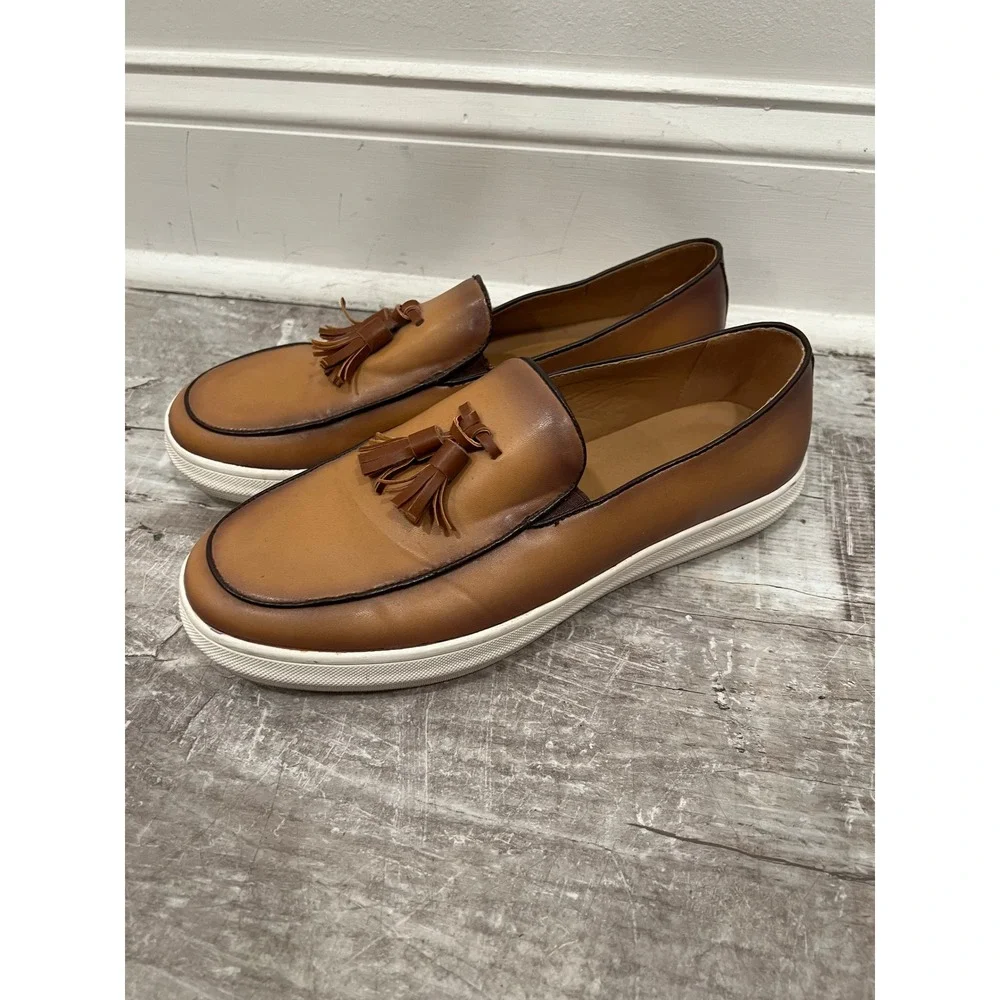 Tassel Loafers Mens Size 44 Brown Leather Slip On Burnished Sneaker Sole